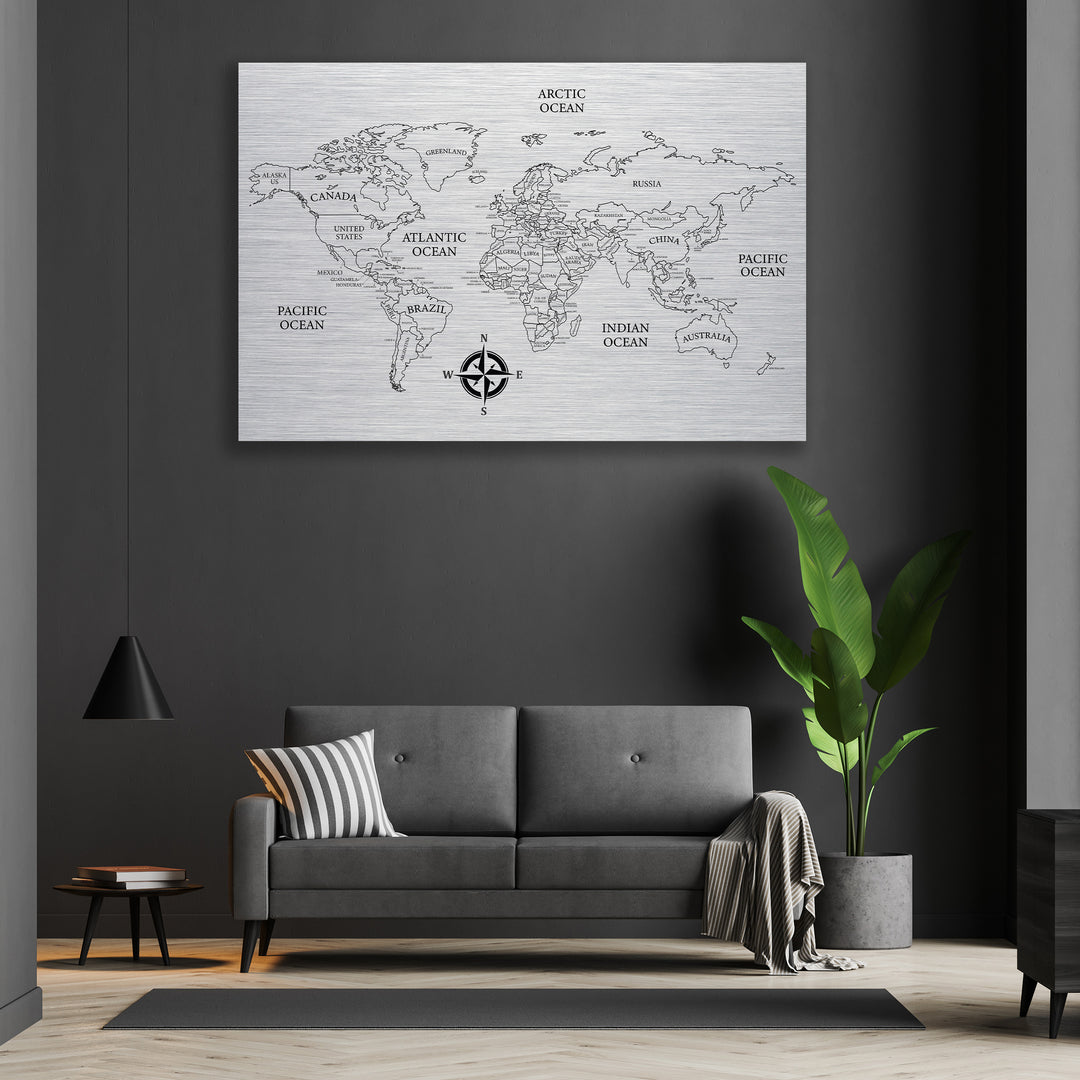 Brushed Silver World Map Wall Art