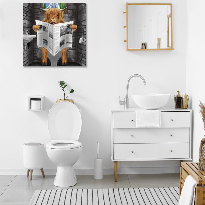 Funny Highland Cow On The Toilet Wall Art