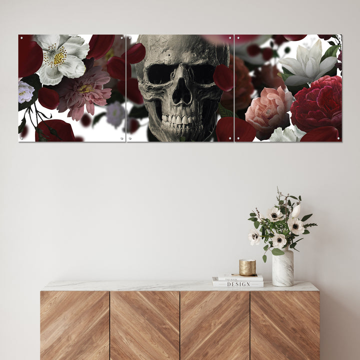 3 Panel Skull And Flowers Wall Art