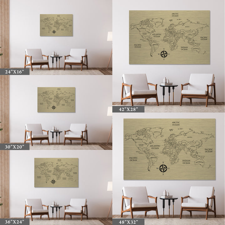 Brushed Gold World Map Wall Art